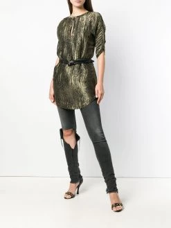 Saint Laurent belted split neck jacquard top