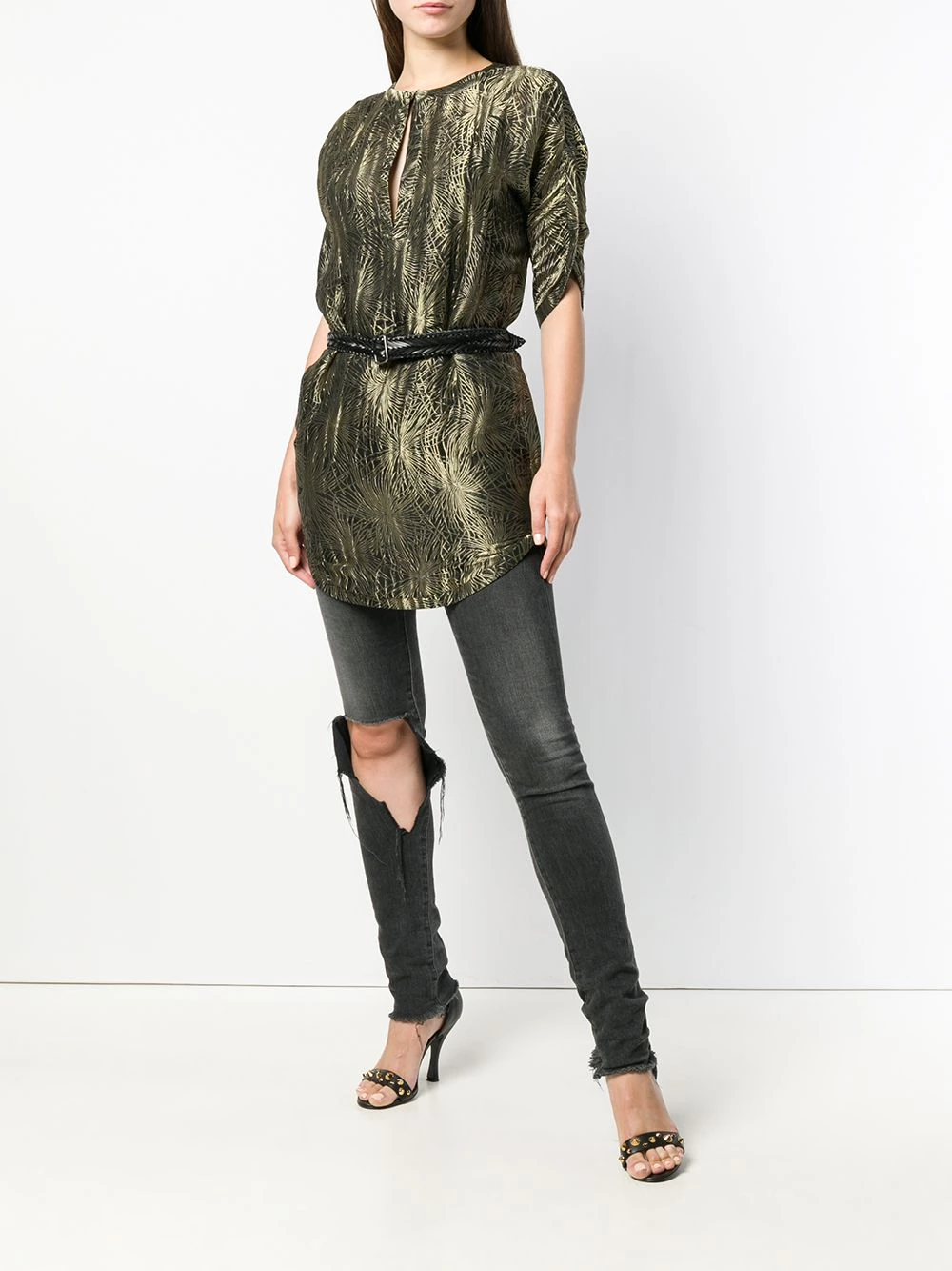 Saint Laurent belted split neck jacquard top