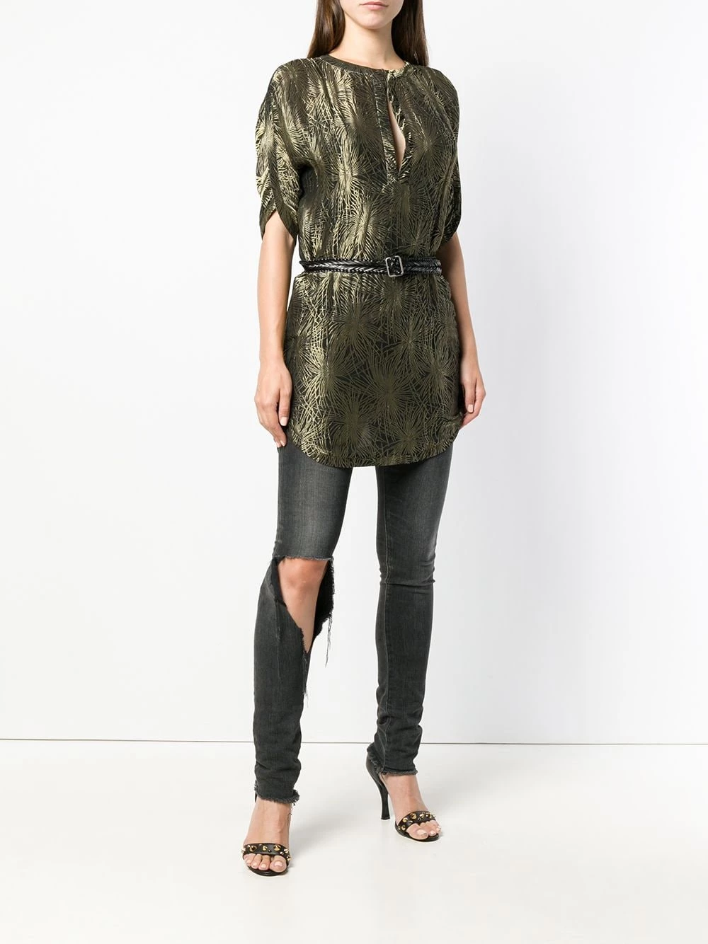 Saint Laurent belted split neck jacquard top