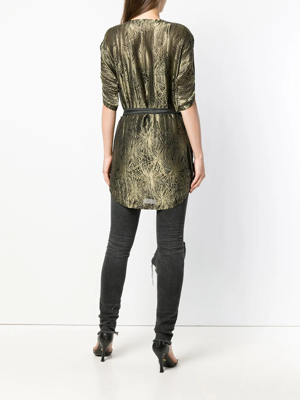 Saint Laurent belted split neck jacquard top