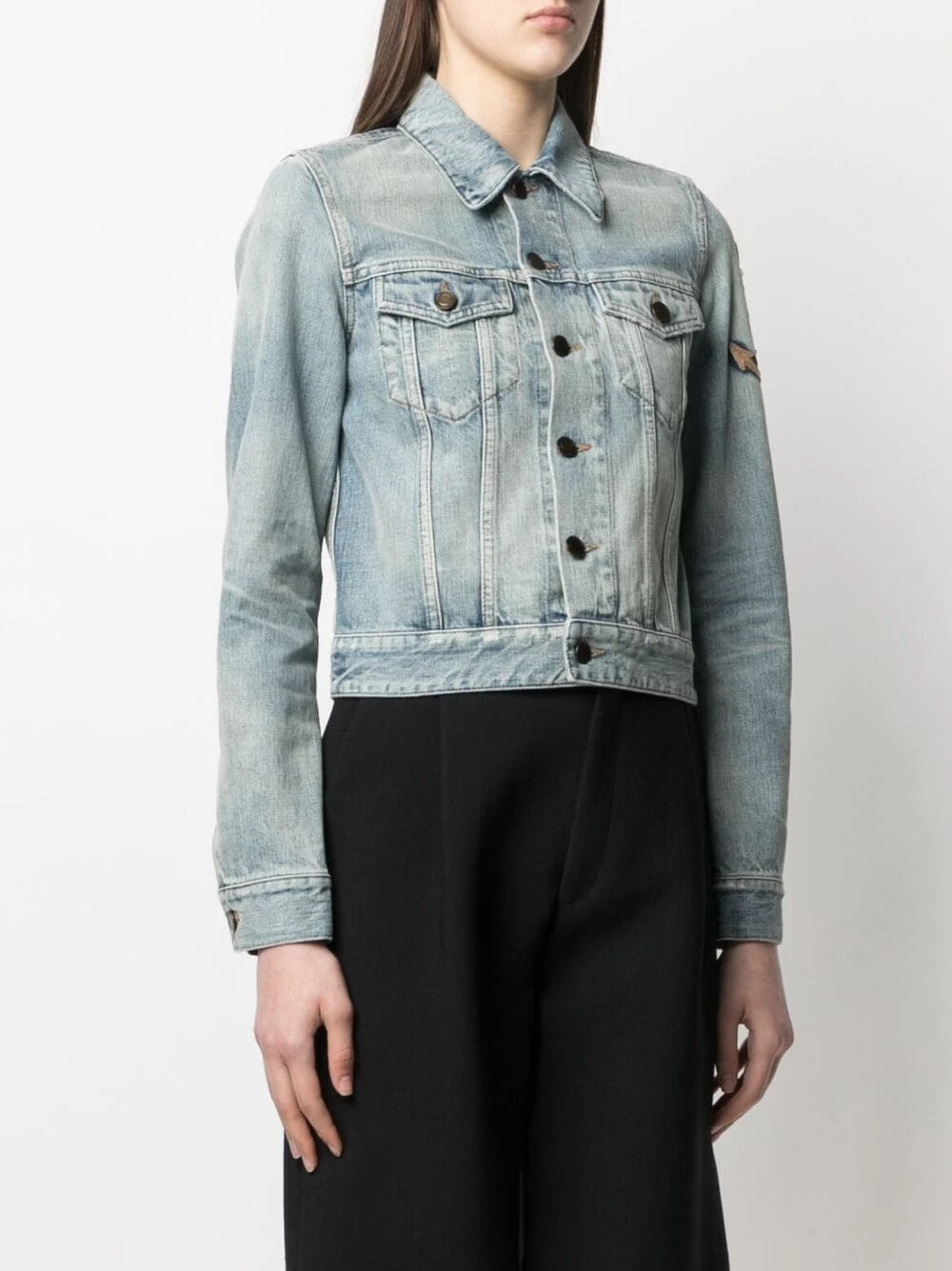 Saint Laurent anchor embroidery cropped denim jacket