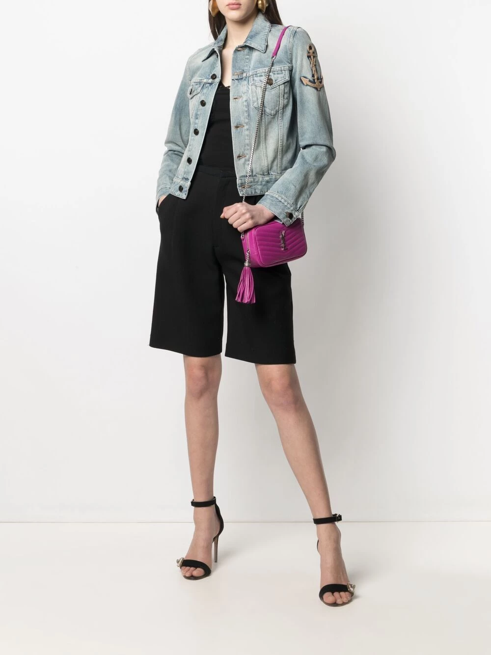 Saint Laurent anchor embroidery cropped denim jacket