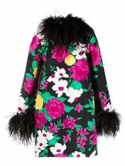 Saint Laurent feather-trim floral-print minidress
