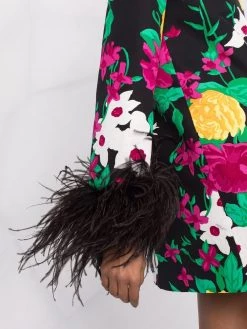 Saint Laurent feather-trim floral-print minidress